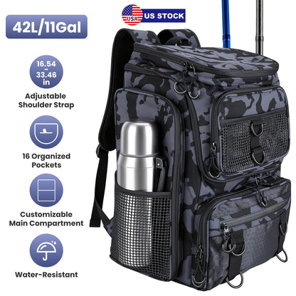 LakeForest Fishing Backpack – 42L, 16 Pockets, Dual Rod Holders & 8 D-Rings | 900D Polyester | 14.96"x9.06"x18.9" | Camo