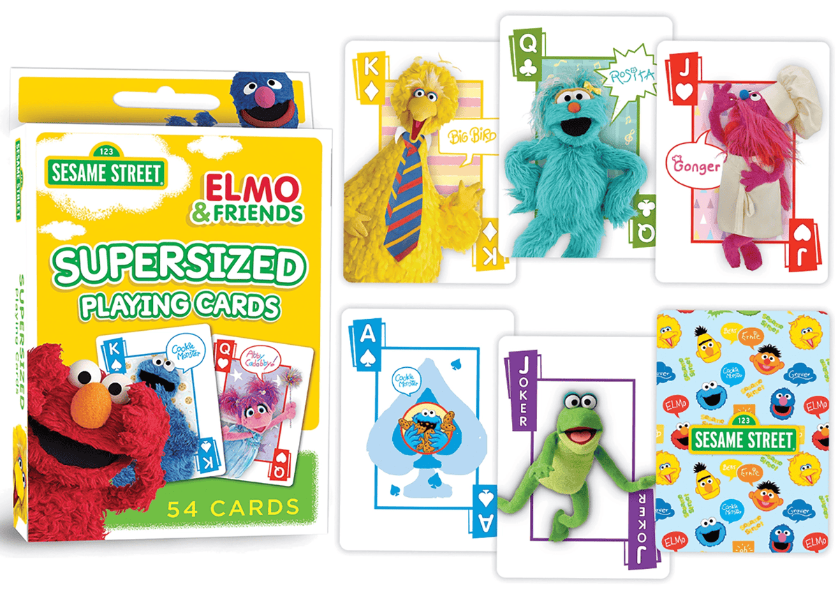 Sesame Street playing card set with box, character cards, and a branded card back.
