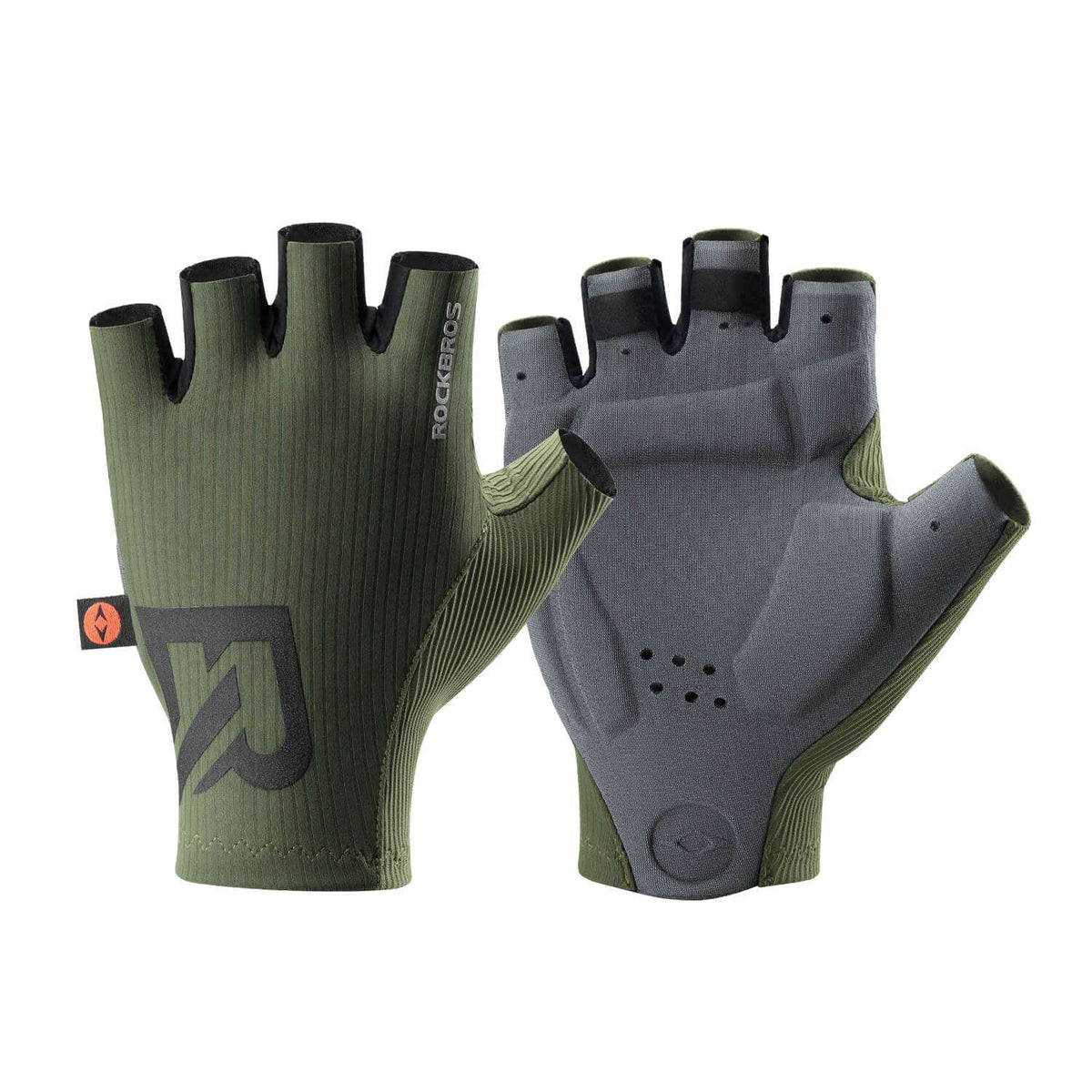 Green and gray half-finger cycling gloves with padded palm and vented knuckle pads