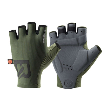 Green and gray half-finger cycling gloves with padded palm and vented knuckle pads