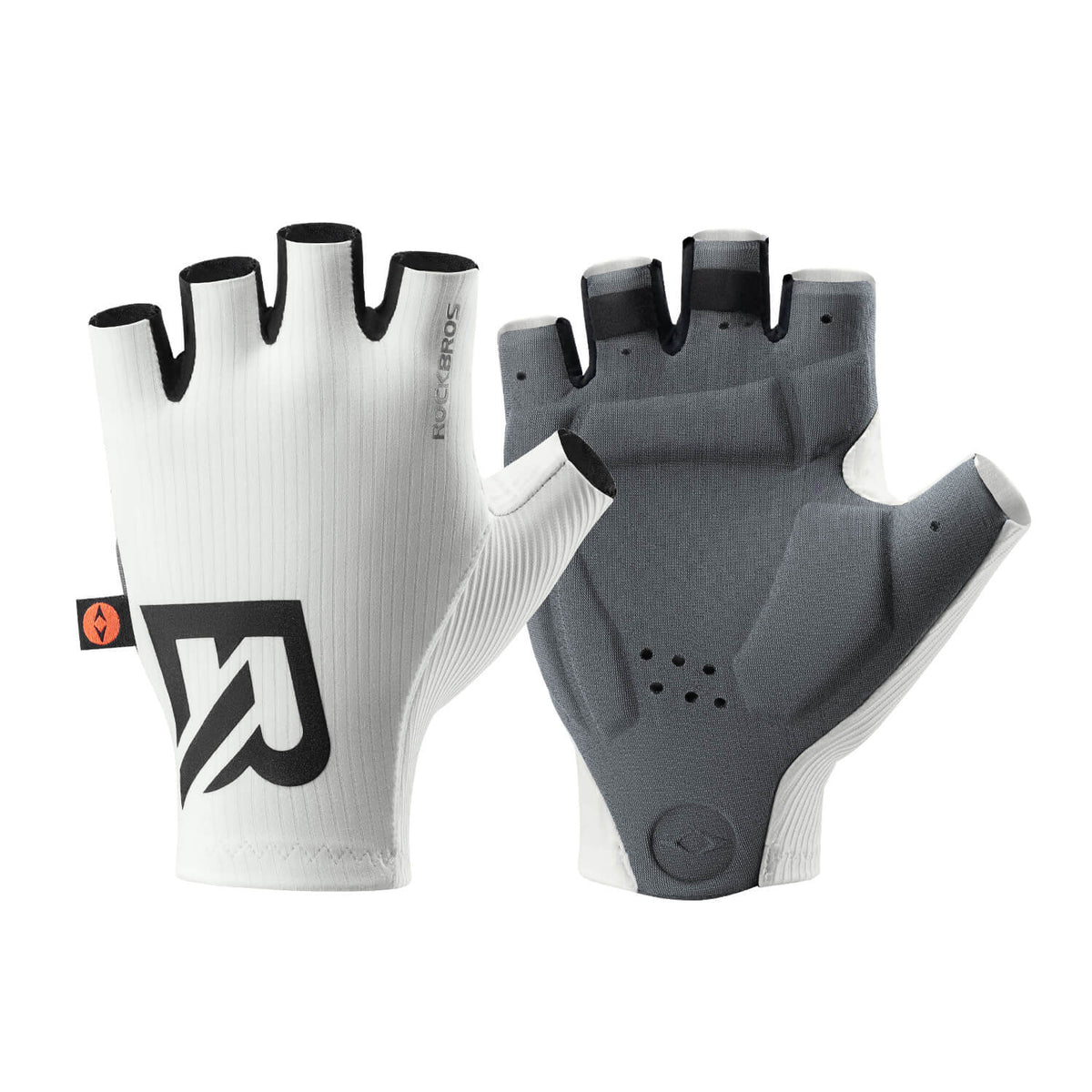 White and gray half-finger cycling gloves with padded palm and vented knuckle pads