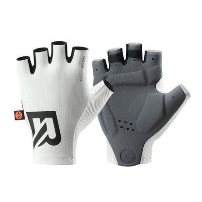 White and gray half-finger cycling gloves with padded palm and vented knuckle pads