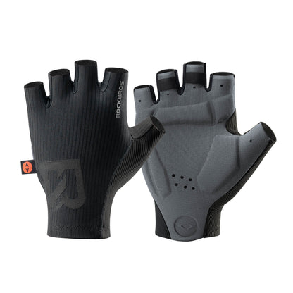 Black and gray half-finger cycling gloves with padded palm and vented knuckle pads