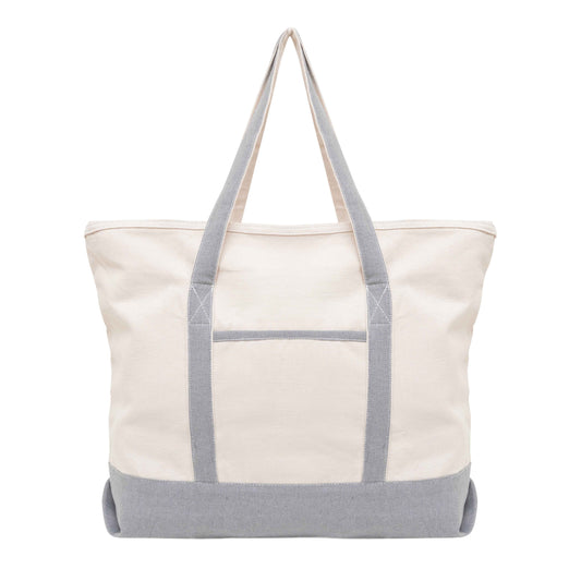 Extra large canvas tote bag with light body and gray handles and bottom