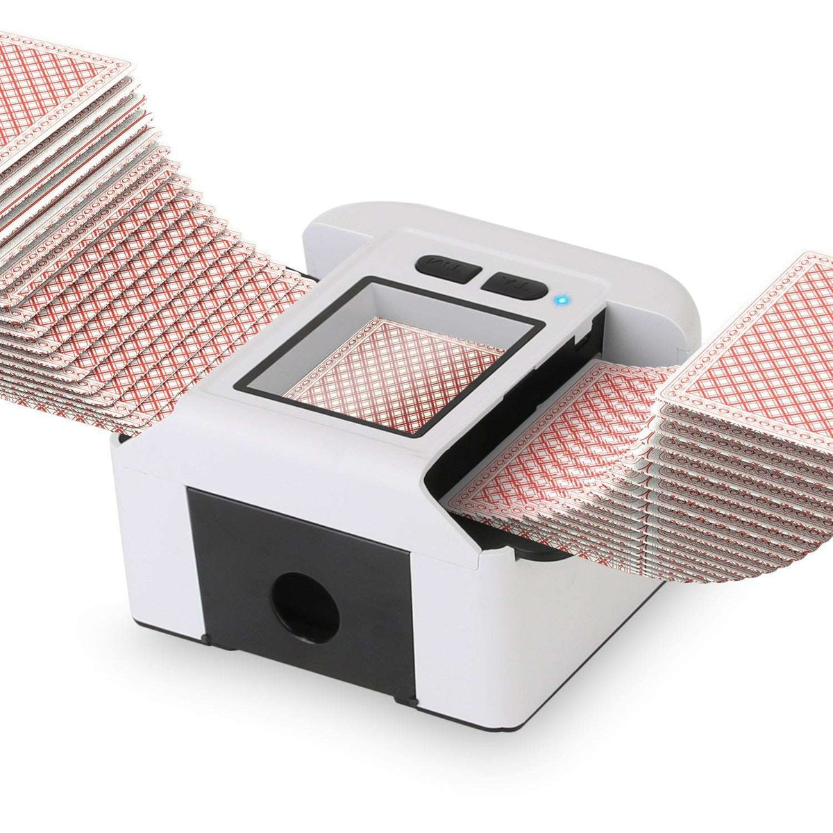 White 2-deck rechargeable card shuffler with LCD window and front card feed opening