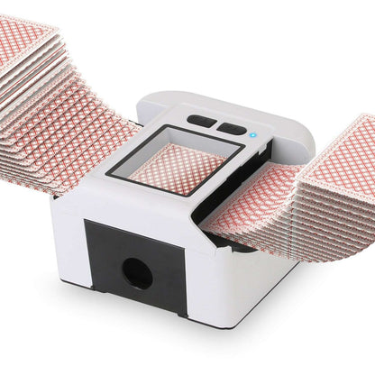 White 2-deck rechargeable card shuffler with LCD window and front card feed opening