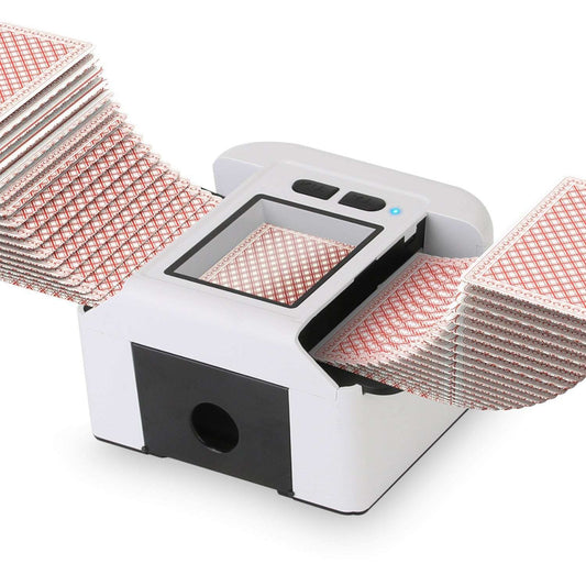 White 2-deck rechargeable card shuffler with LCD window and front card feed opening