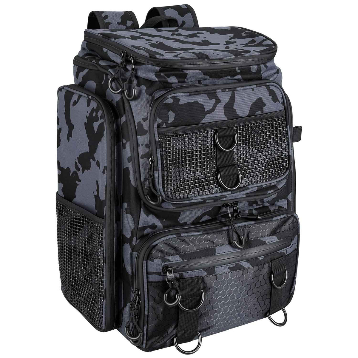 LakeForest Fishing Backpack – 42L, 16 Pockets, Dual Rod Holders & 8 D-Rings | 900D Polyester | 14.96"x9.06"x18.9" | Camo