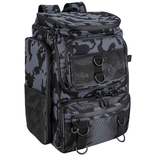 Camo fishing backpack with front mesh pocket, stacked compartments, side attachment loops