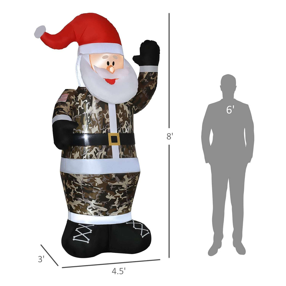 Inflatable camouflage Santa shown with 8-foot height and 4.5-by-3-foot footprint dimensions
