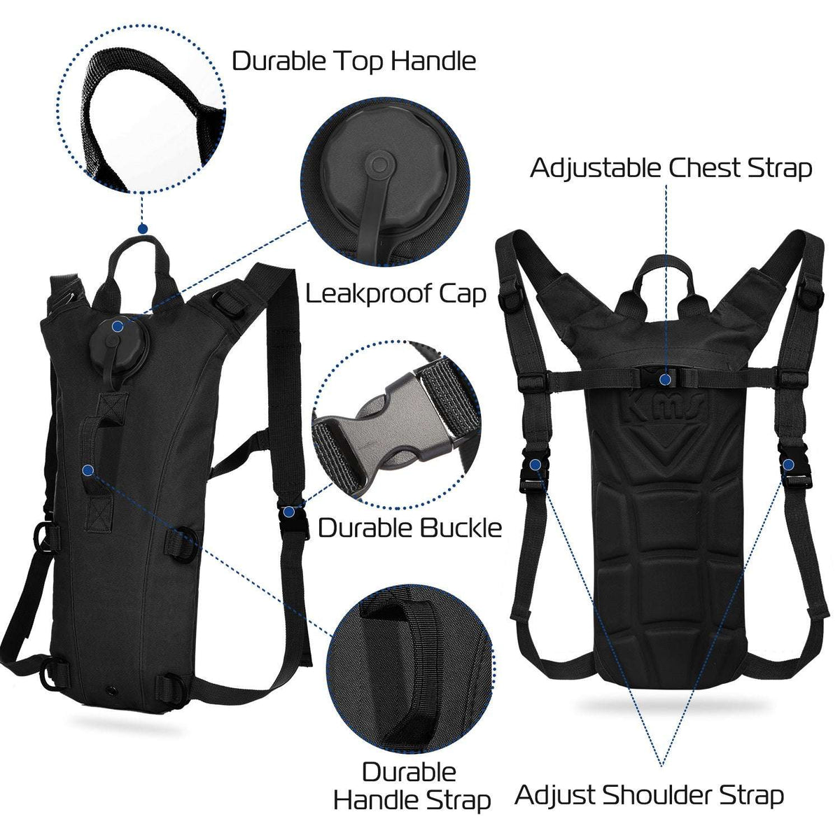 Black hydration backpack with adjustable chest and shoulder straps and leakproof cap