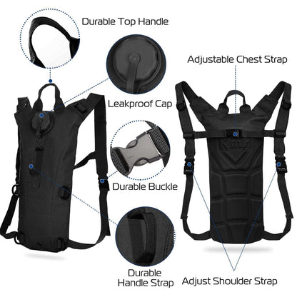 Black hydration backpack with adjustable chest and shoulder straps and leakproof cap