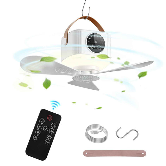 Rechargeable tent ceiling fan with LED light, remote control, and spare mounting parts