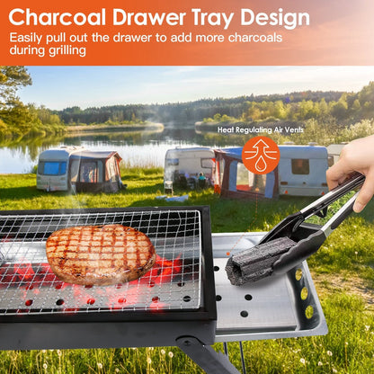 Foldable Charcoal BBQ Grill – Stainless Steel Grate, Pull-Out Charcoal Drawer | Portable Tabletop Grill for Camping & Picnics