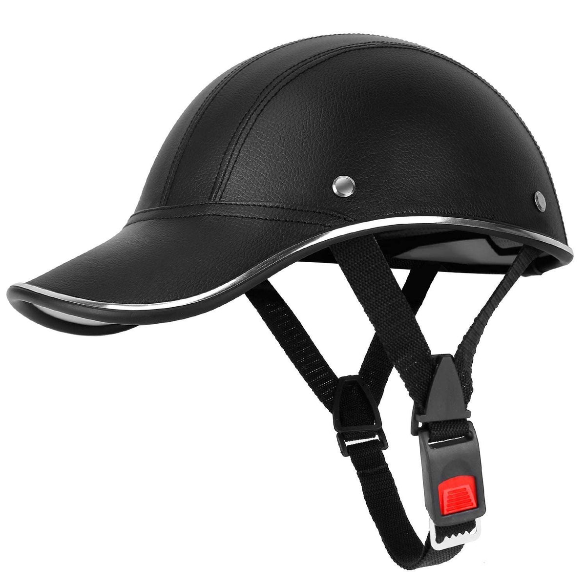 Black leather bicycle helmet with wide adjustable sunshade brim and chin strap.