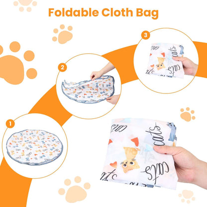 Foldable cloth cat pouch for interactive rolling ball toy, shown being held