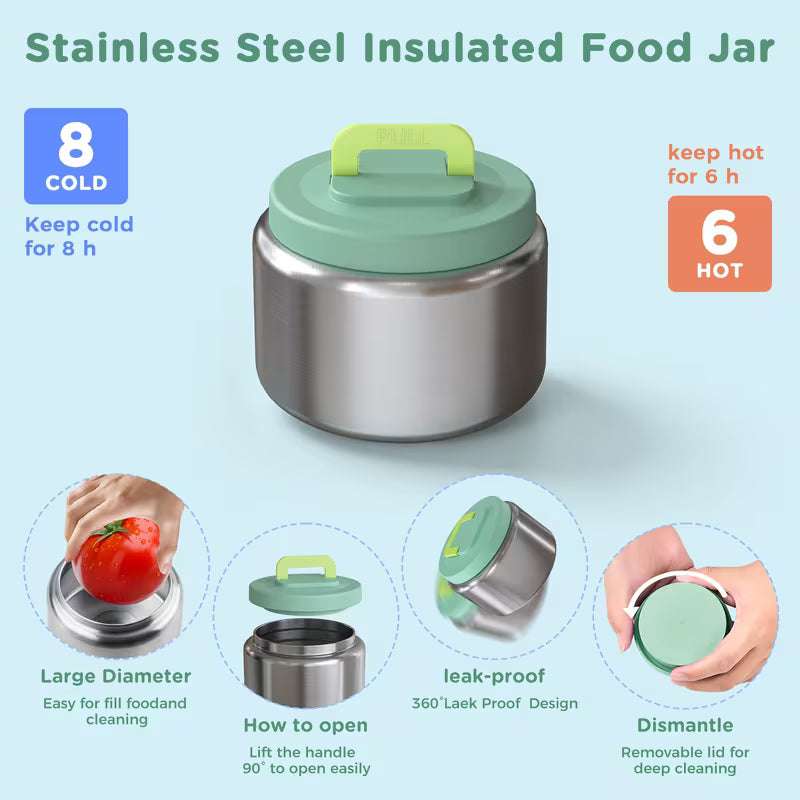 Stainless steel insulated food jar with green lid and leak-proof design