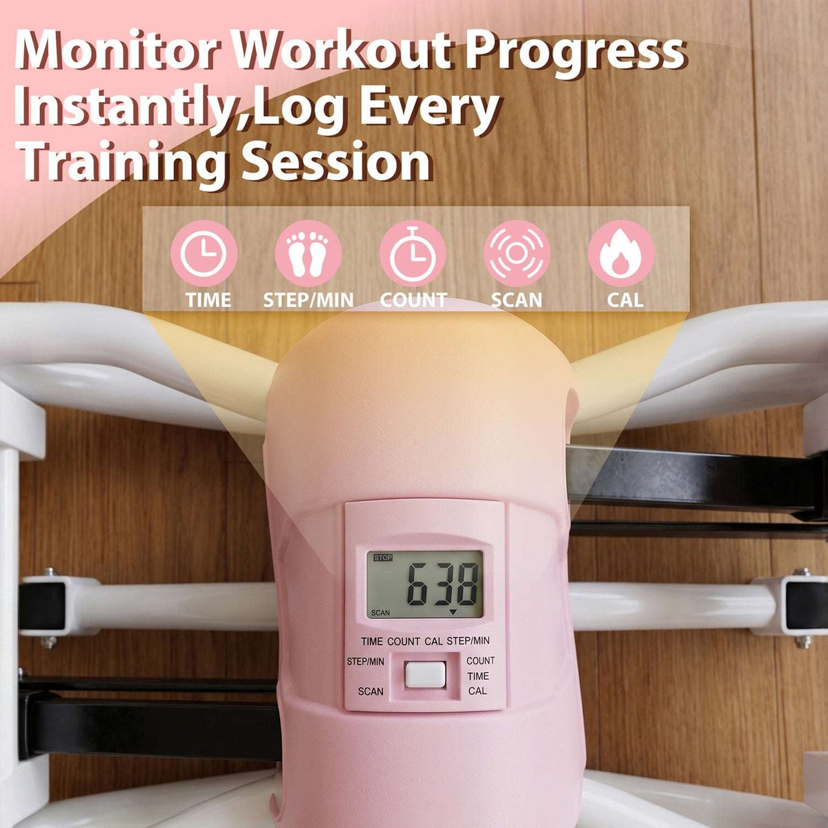 Close-up of the stepper's LCD monitor displaying workout tracking functions
