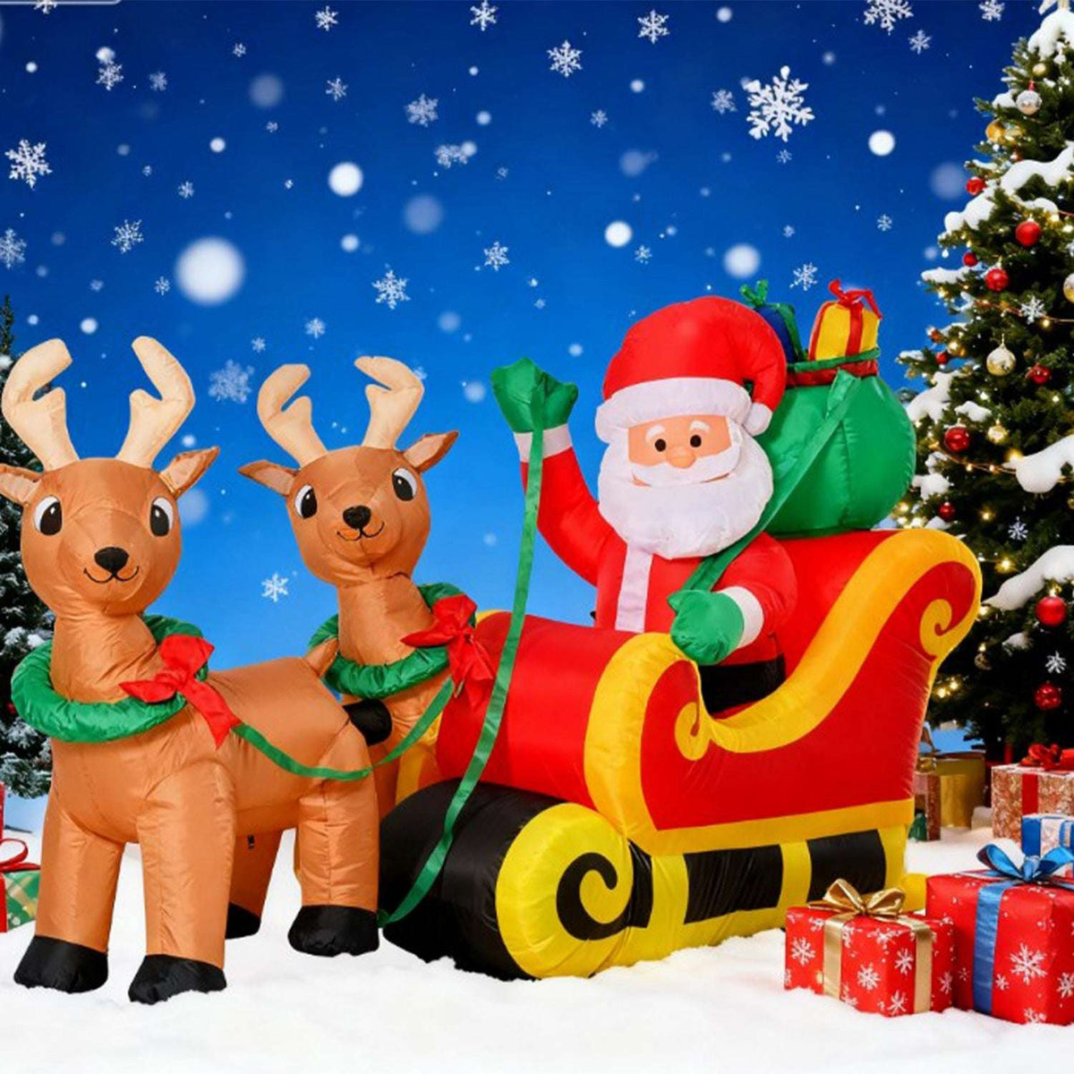 Inflatable Santa sleigh with two reindeer, gifts, and green reins