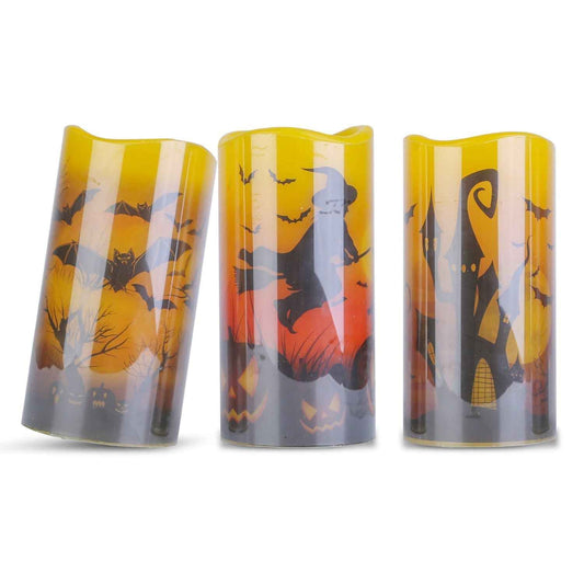 3-Pack Halloween Flameless Candle Lamps with Timer – Witch, Bat & Castle