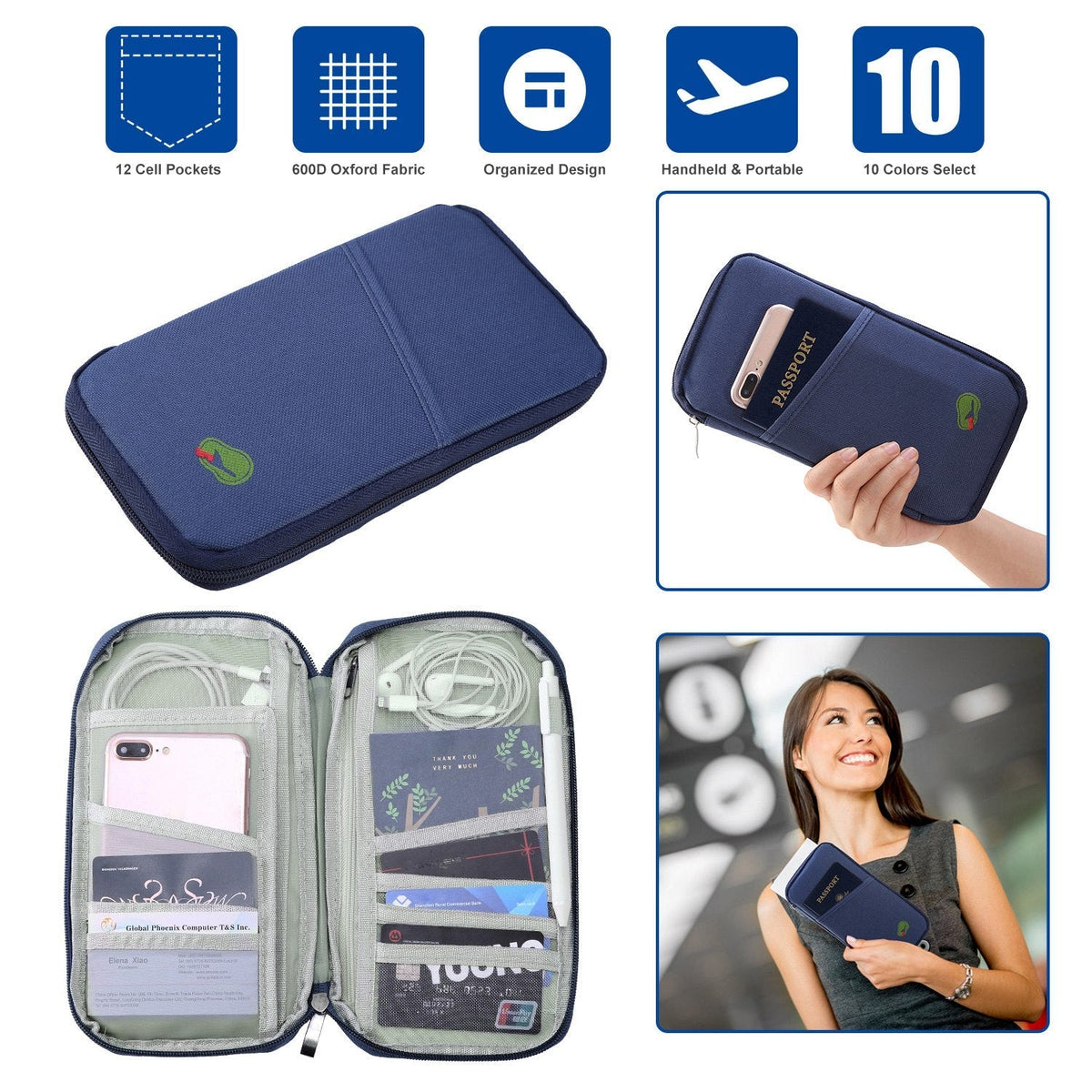 LJG Travel Passport Wallet – 12-Cell Organizer, Water-Repellent Zipper Case – Royal Blue