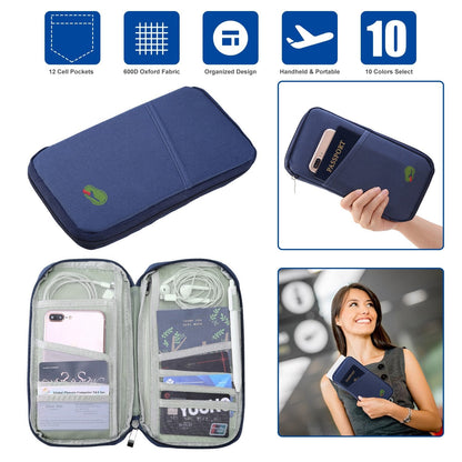 LJG Travel Passport Wallet – 12-Cell Organizer, Water-Repellent Zipper Case – Royal Blue