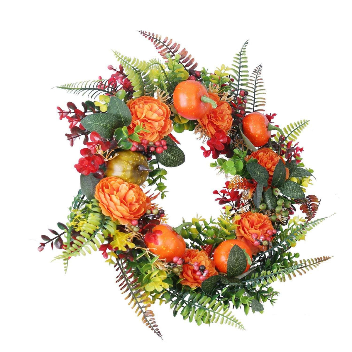 Autumn wreath with orange faux pumpkins, orange flowers, red berries, and green foliage