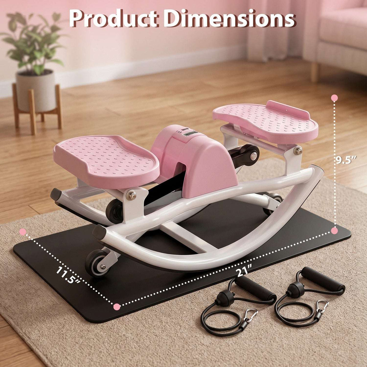 Pink and white swing stepper and resistance bands with product dimensions
