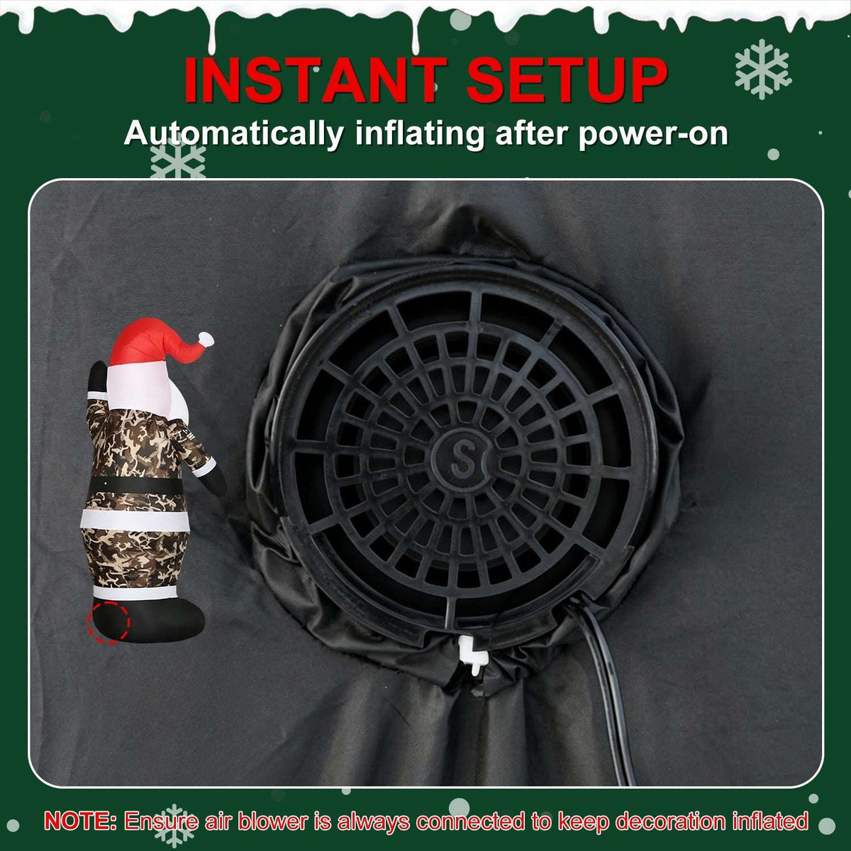 Inflatable camouflage Santa blower fan and power cord shown beside a small rear view