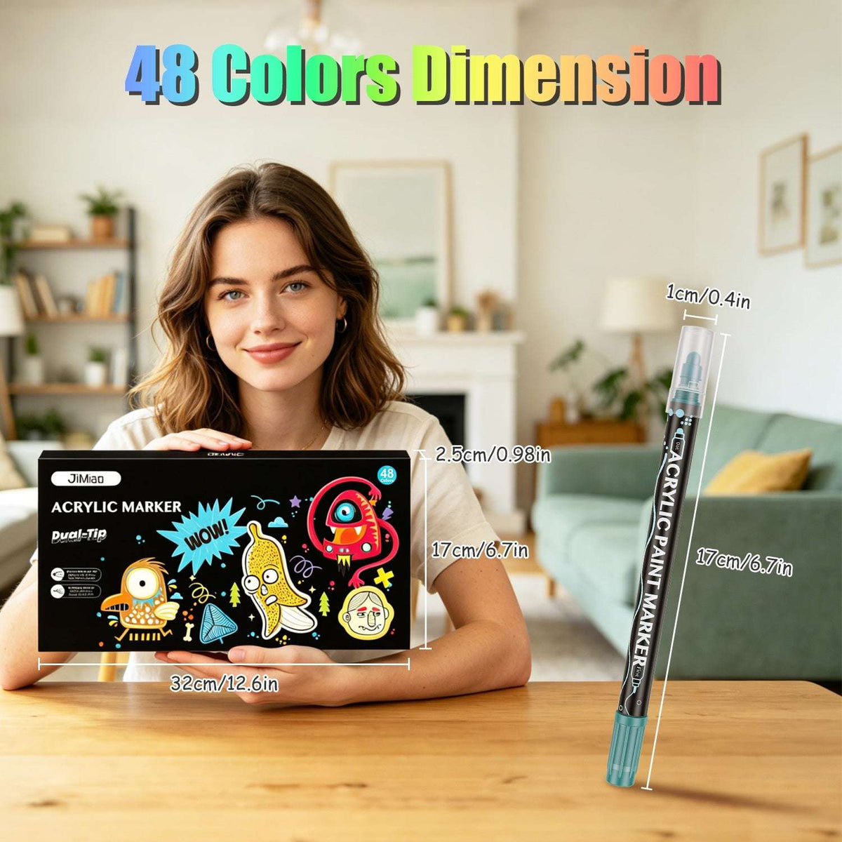 48-color dual-tip acrylic marker set with single blue marker and box packaging on table.