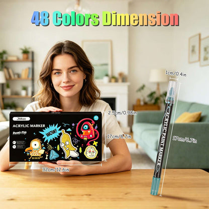 48-color dual-tip acrylic marker set with single blue marker and box packaging on table.