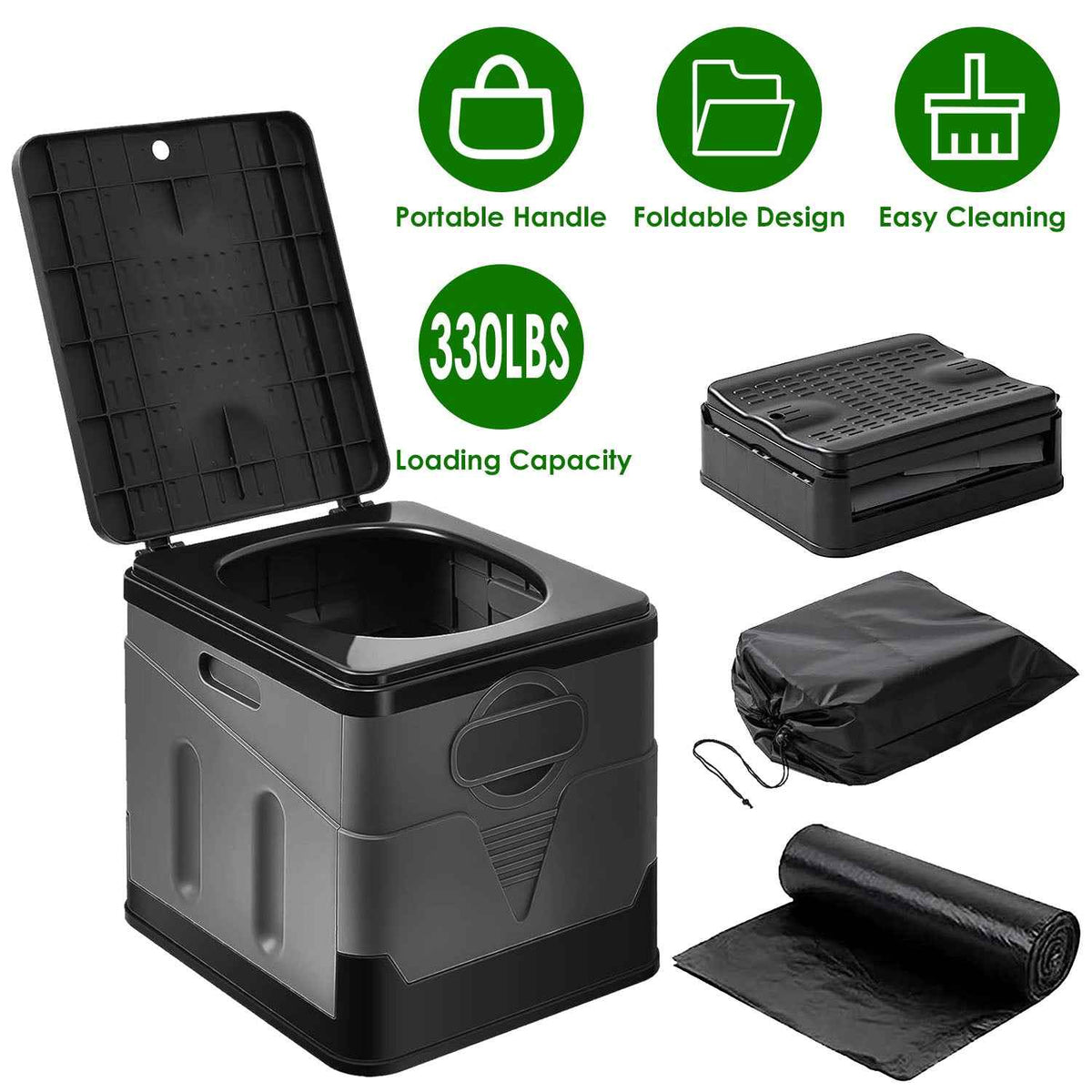 Portable Camping Toilet – Foldable, 330 lb Capacity | Lid, Trash Bags & Carry Bag Included | Camping, Boating & Travel