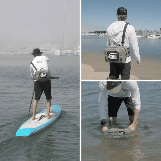Olive waterproof waist pack with COR SURF phone case on a person by the water.