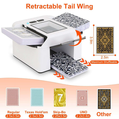 White card shuffler with raised tail wing and LCD window, decks placed on both trays