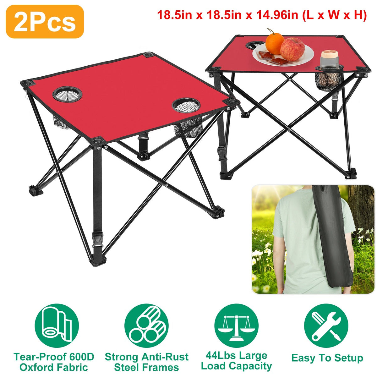 LakeForest Folding Camping Table with 2 Cup Holders – 600D Oxford, 44 lb Capacity | 18.5"x18.5" | 2.2 lbs | 1-Pc & 2-Pc Sets