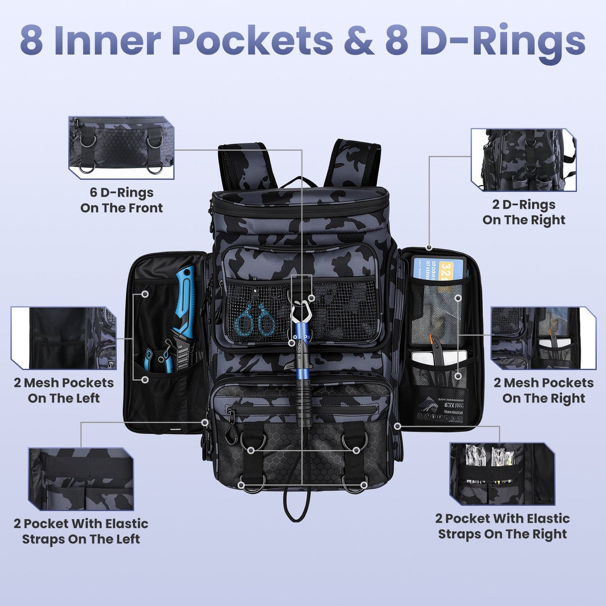LakeForest Fishing Backpack – 42L, 16 Pockets, Dual Rod Holders & 8 D-Rings | 900D Polyester | 14.96"x9.06"x18.9" | Camo