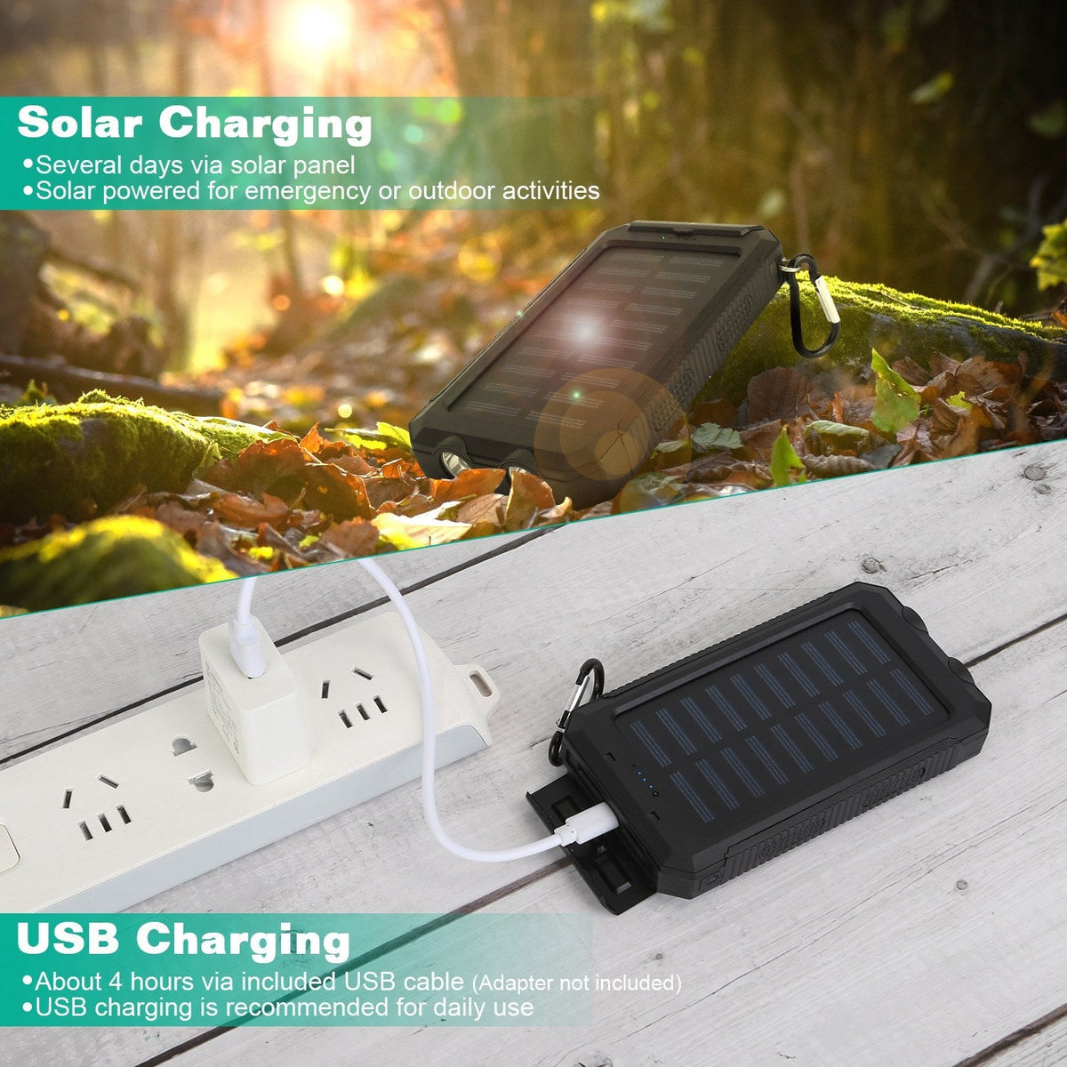 10,000mAh Solar Power Bank – Dual USB, SOS LED Flashlight & Compass | Camping, Hiking & Emergency Charger