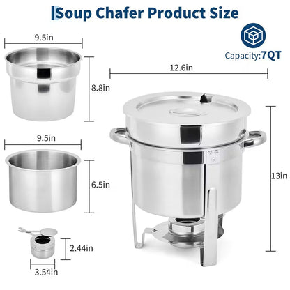 2-Pack 7-Quart Stainless Steel Round Soup Chafing Dish Set