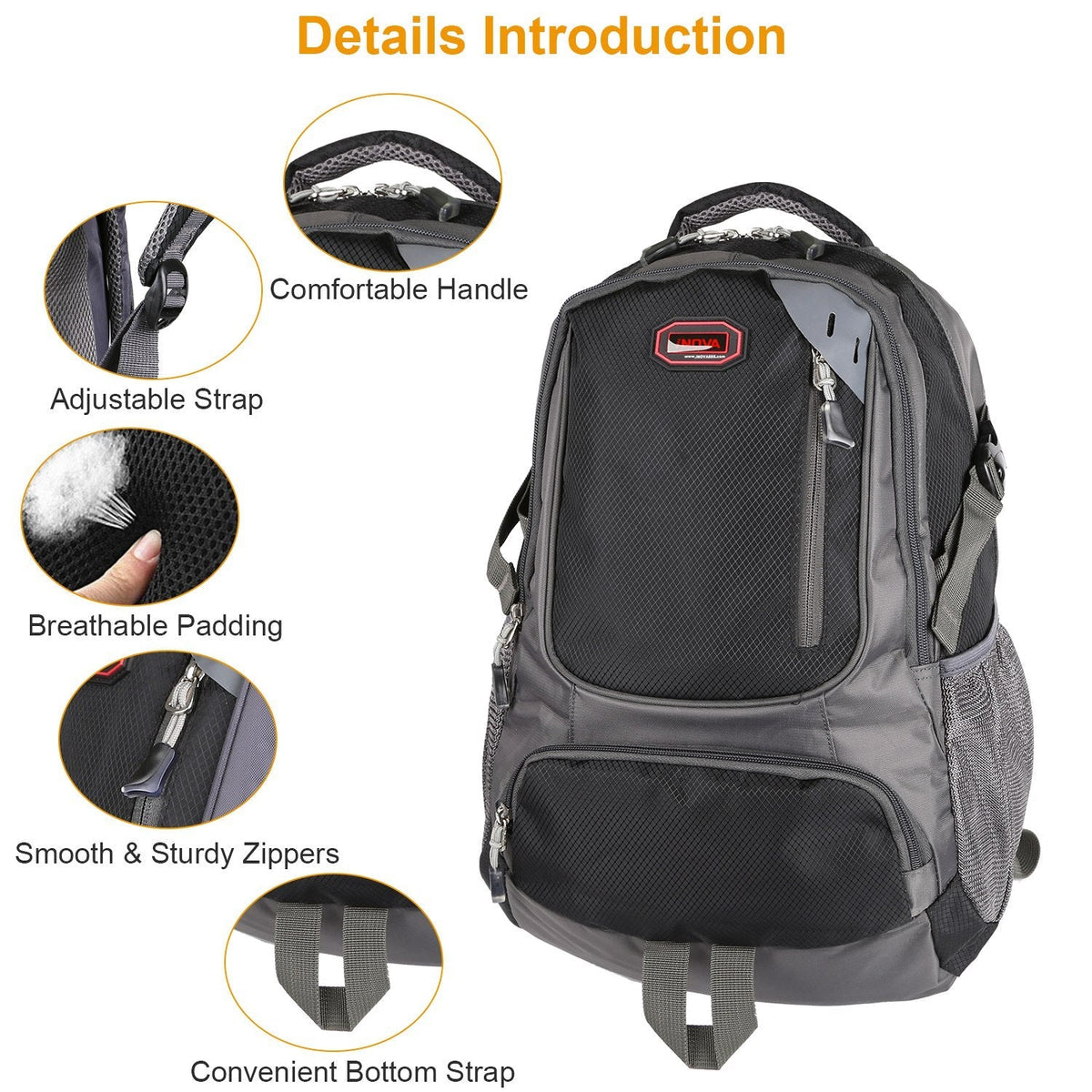Unisex Nylon Backpack – Lightweight 1.4 lb | Dual Water Bottle Pockets, Multiple Zip Compartments | School, Travel & Gym