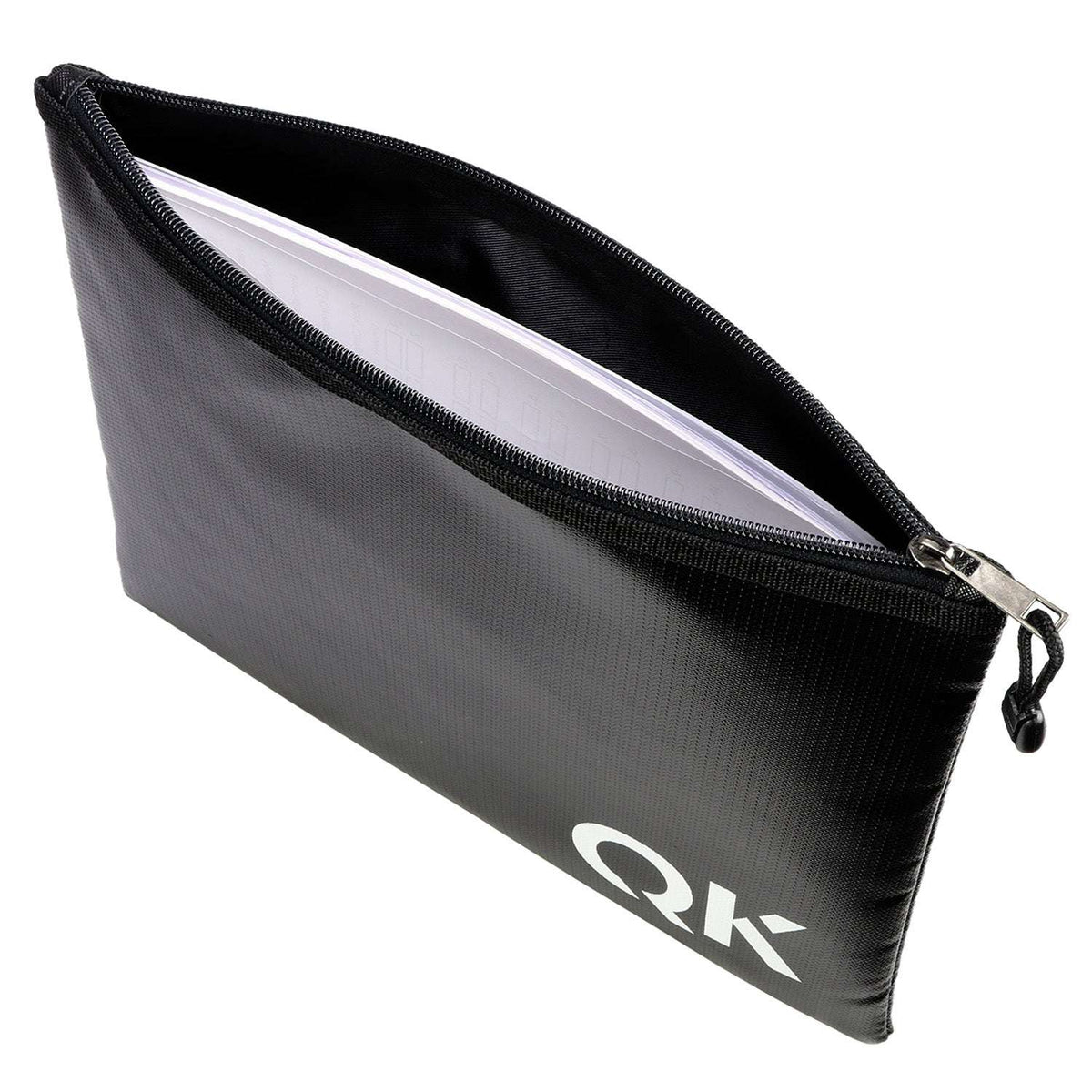 Black zipper document holder opened, showing inner pockets and QK logo