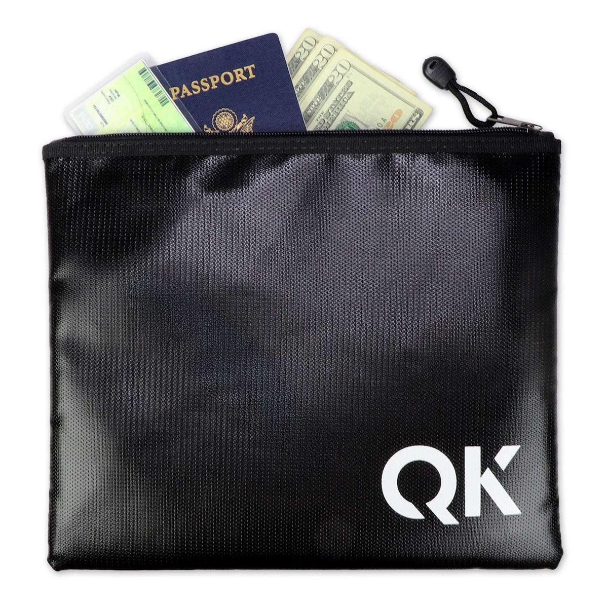 Black zipper document holder with passport and cash tucked inside
