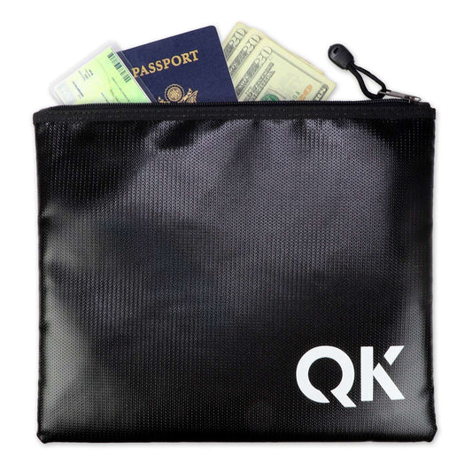 Black zipper document holder with passport and cash tucked inside