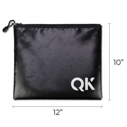 Black document holder pouch, 12 in x 10 in, zipper and QK logo