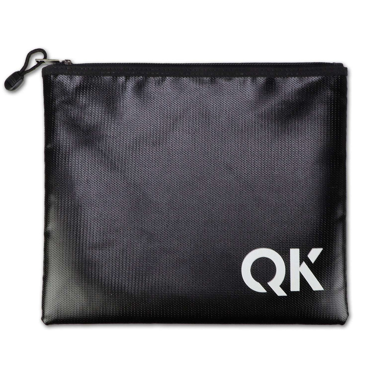 Black zipper document holder with mesh texture and QK logo