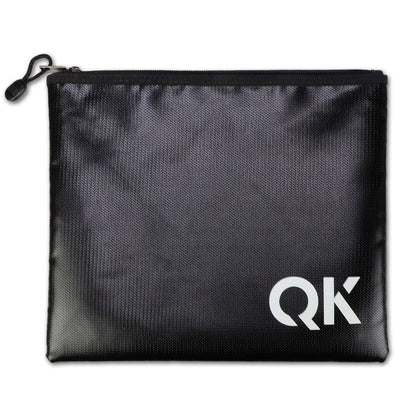 Black zipper document holder with mesh texture and QK logo