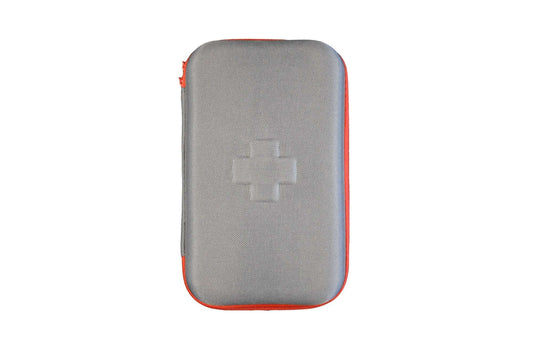 Compact first aid kit case with gray cover, red zipper trim and plus emblem.