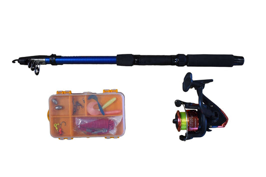 Fishing rod and reel with orange tackle box and lures in organizer