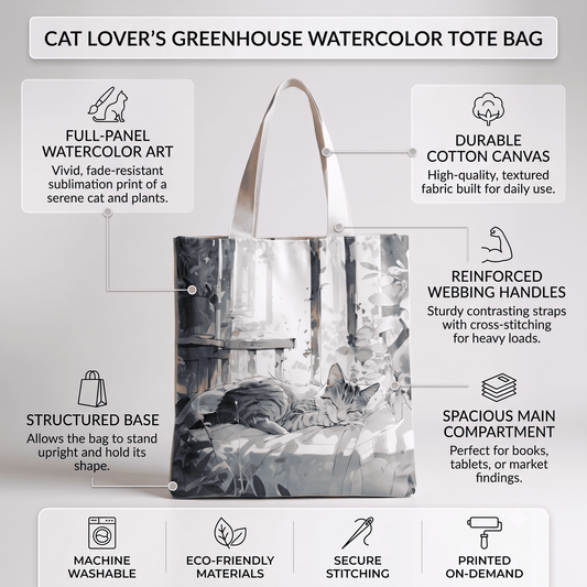 Greenhouse watercolor cat tote bag design on both sides, with light shoulder handles
