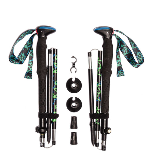 Folding trekking pole set: black grips, teal/green wrist straps, tips and parts