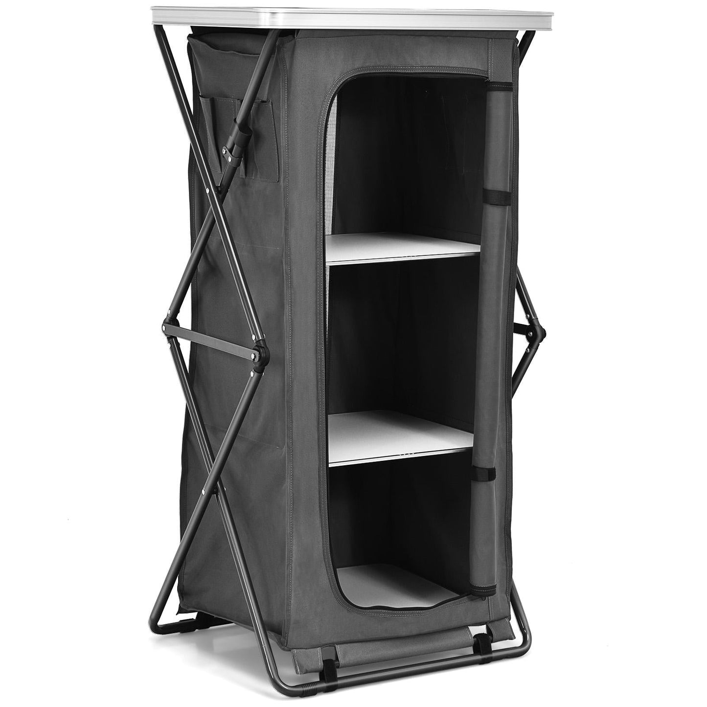 Folding Camping Storage Cabinet | 3 Shelves + Tabletop | M, L or XL | Waterproof Oxford Cloth | Gray